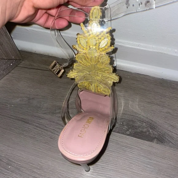 Fashion Nova Clear Heels with Gold and Multicolor Embellishments - Picture 5 of 5